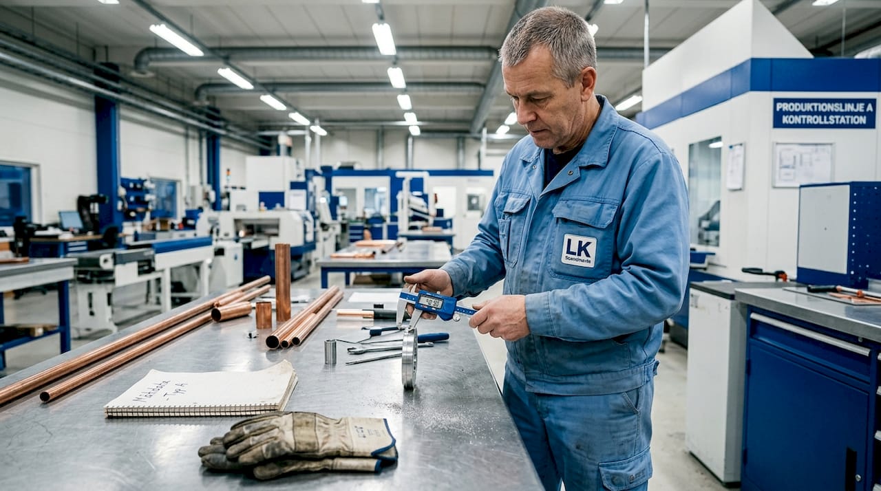 En industrimedarbetare kontrollerar måtten på en metallkomponent i en svensk verkstad.