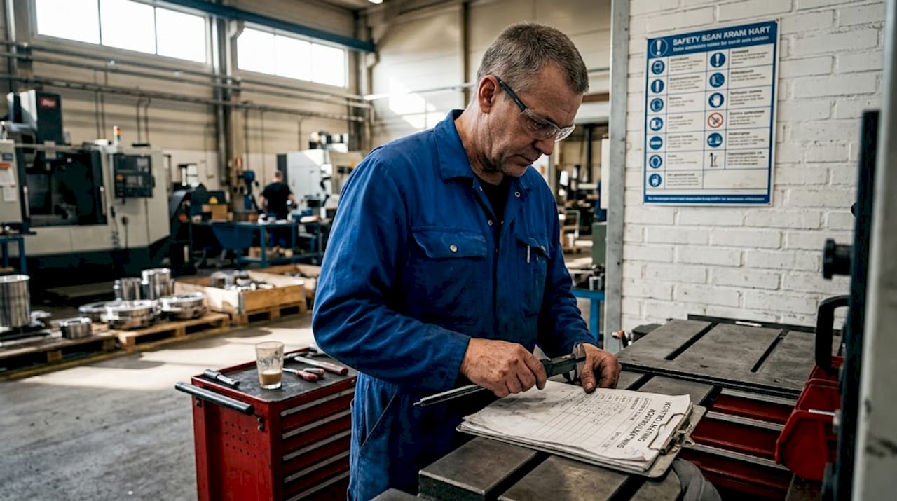 En operatör utför mätningar av komponenter direkt vid produktionslinjen.