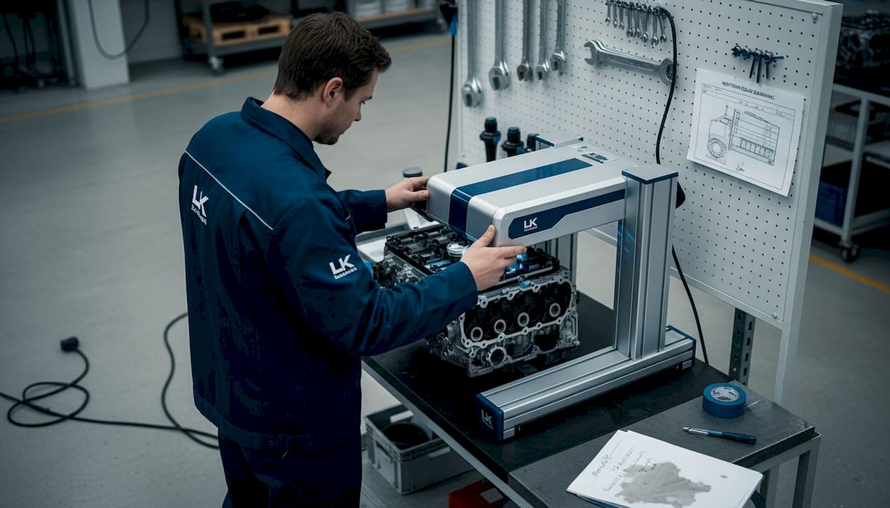 På fabriken inspekterar arbetare motordelar med hjälp av scanners ute på golvet.