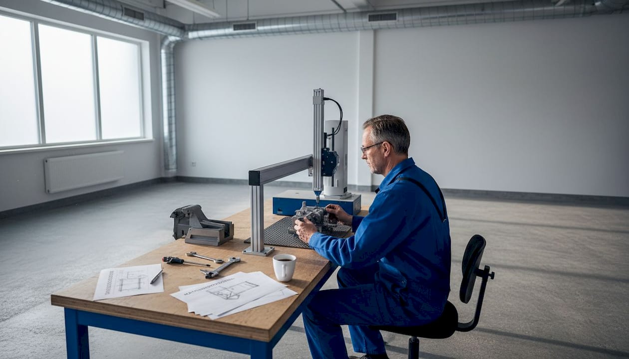 En tekniker använder en mätmaskin för att kontrollera en detalj ute i verkstaden.