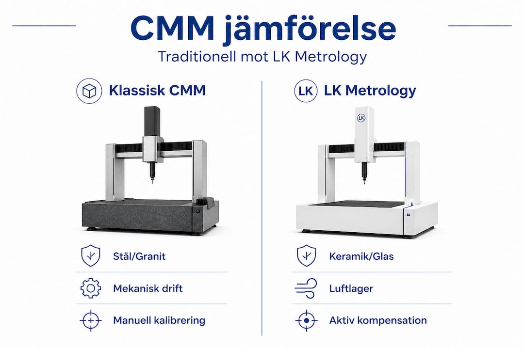 Infografik som visar skillnaderna mellan traditionella CMM och LK Metrologys lösningar