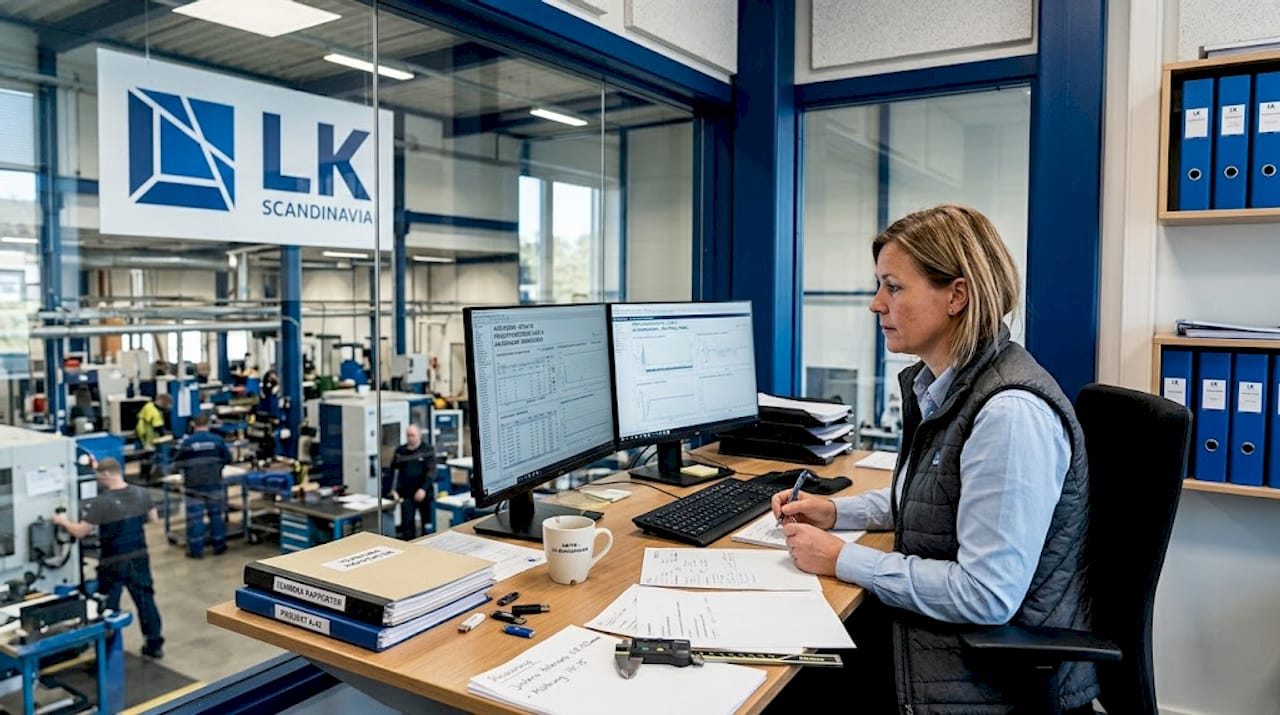 Ingenjören går igenom mätprotokollen på kontoret.
