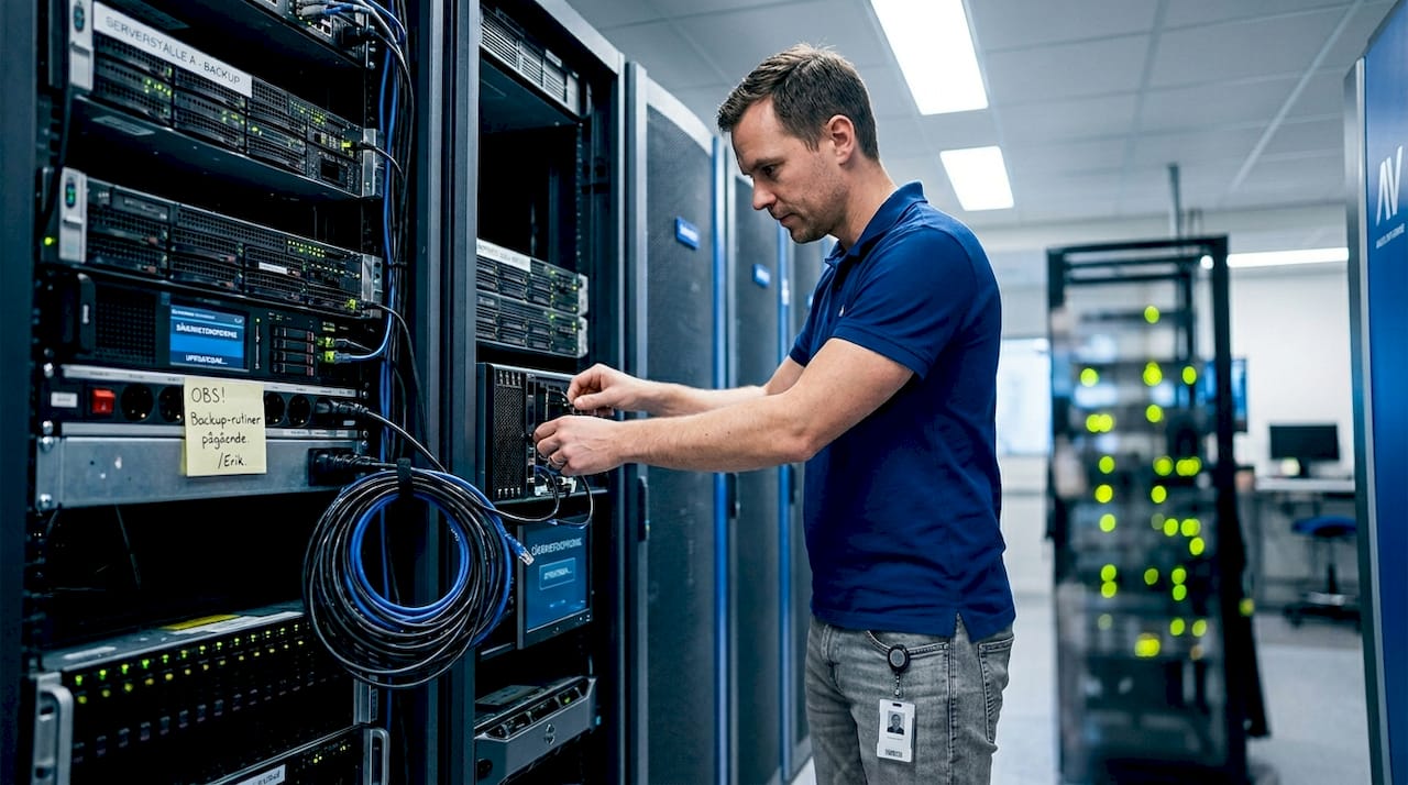 IT-tekniker ser över och uppdaterar backupen på en industriserver