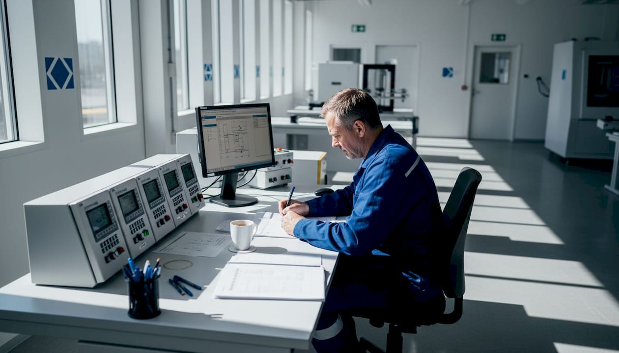 En industriarbetare för anteckningar vid ett mätinstrument ute på arbetsplatsen.