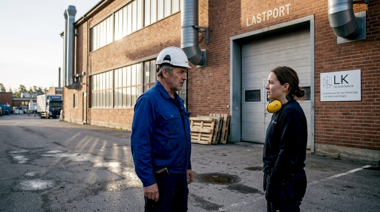Medarbetare samlas för ett möte utanför en svensk fabriksbyggnad.