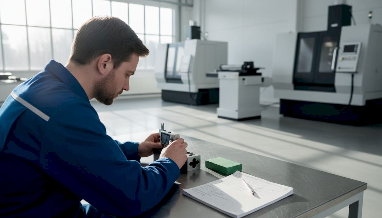 En mättekniker justerar och kalibrerar mätsystem ute på fabriksgolvet.