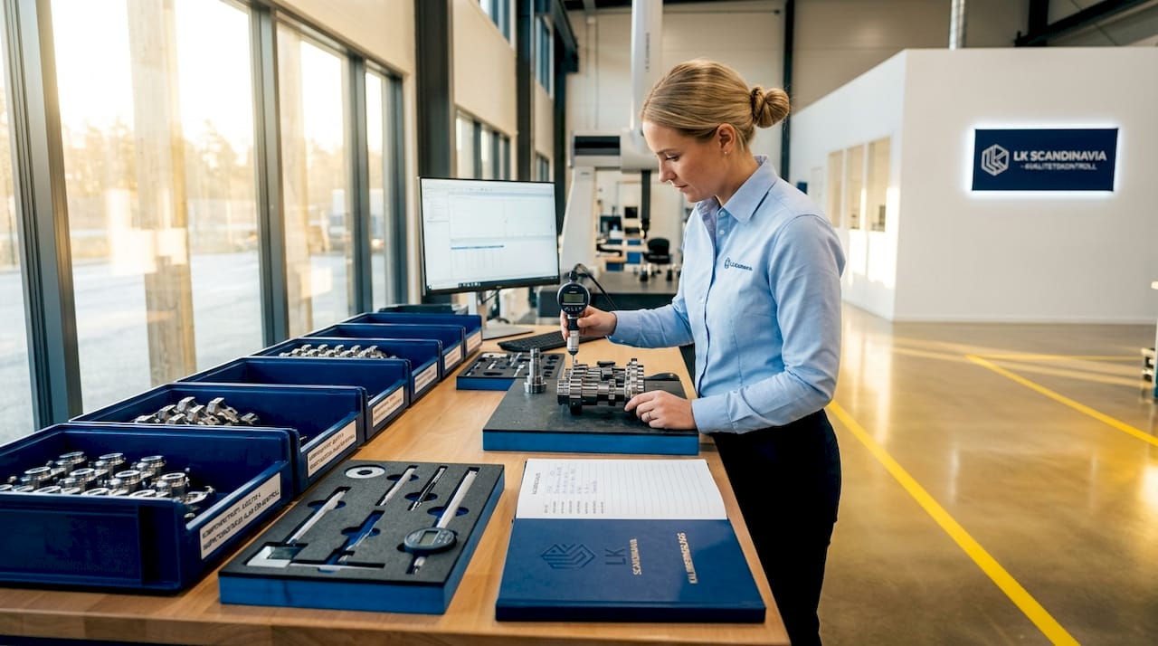 En tekniker går igenom och kontrollerar komponenterna som en del av den löpande kvalitetskontrollen.