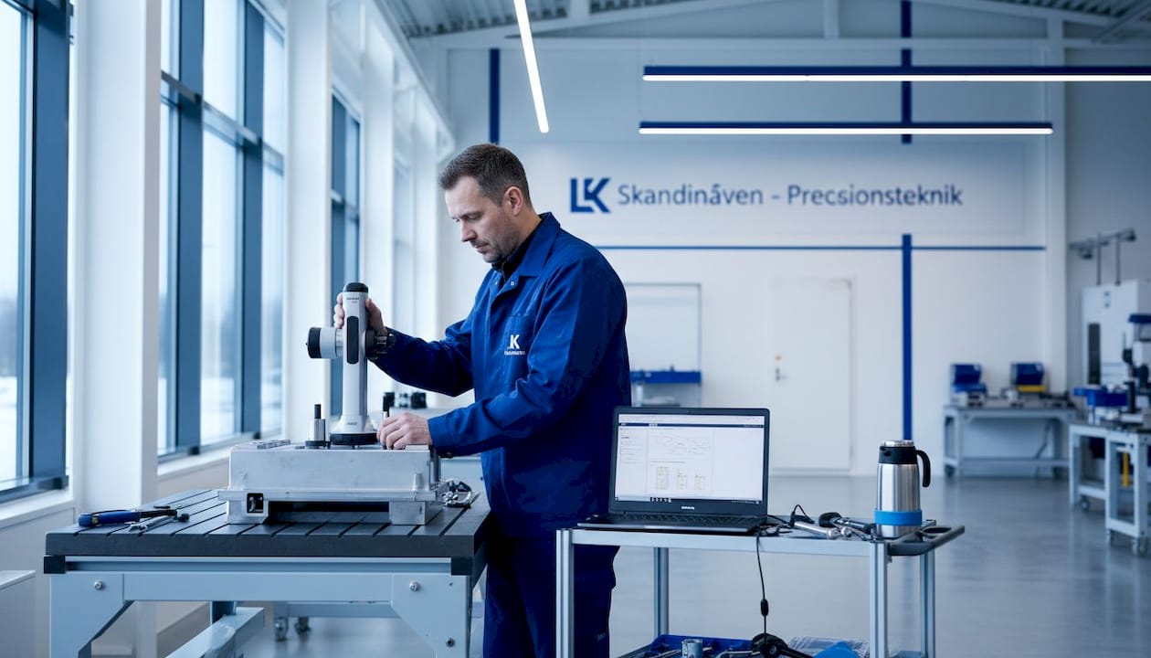 En tekniker undersöker en metalldel med hjälp av en portabel mätarm.