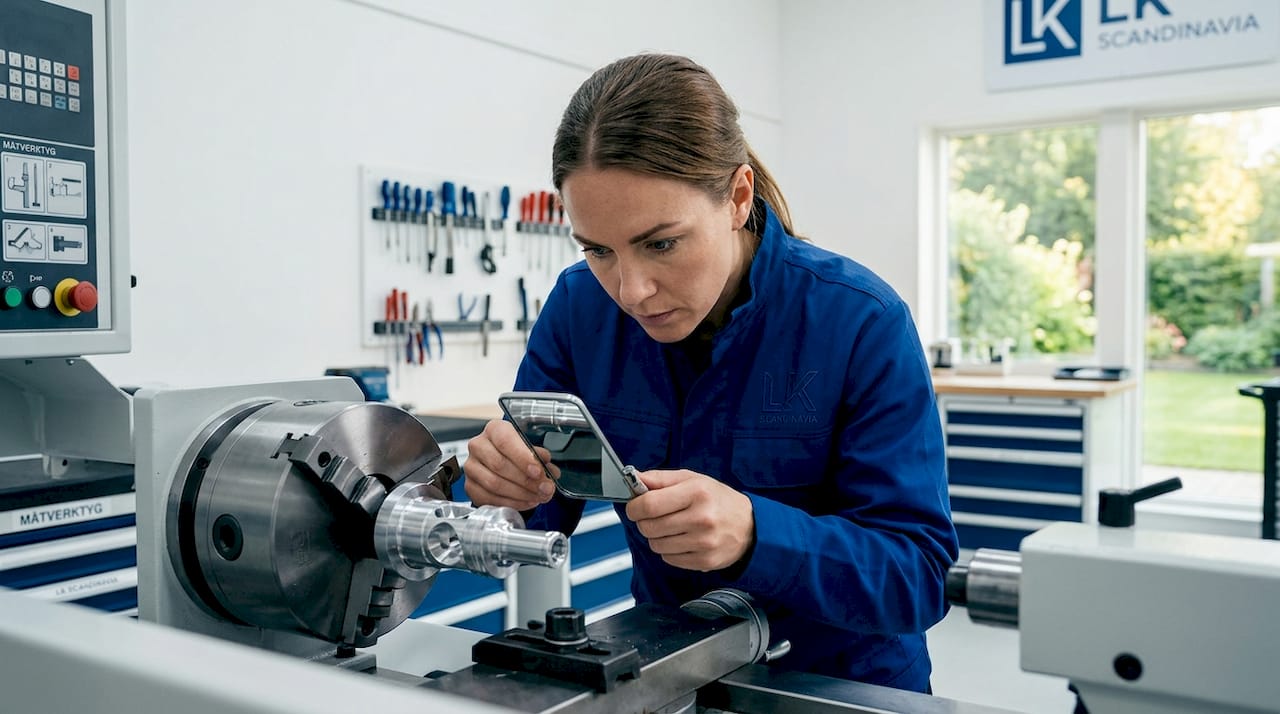 En maskinoperatör granskar en metalldetalj i en CNC-fräs.