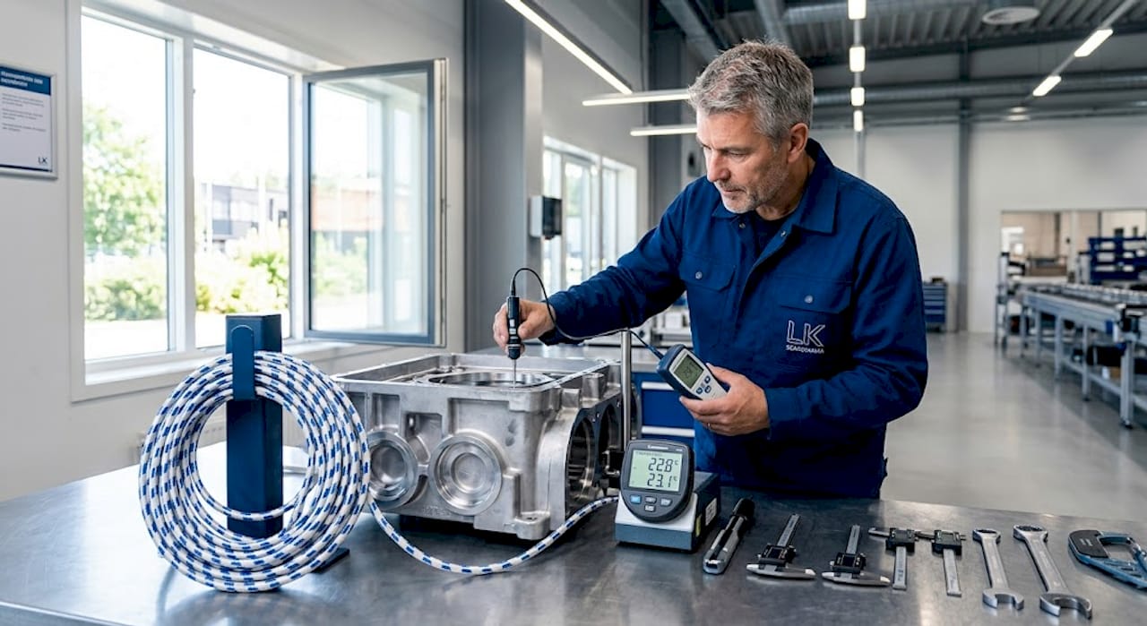 En tekniker går igenom och kontrollerar utrustningen längs produktionslinjen.