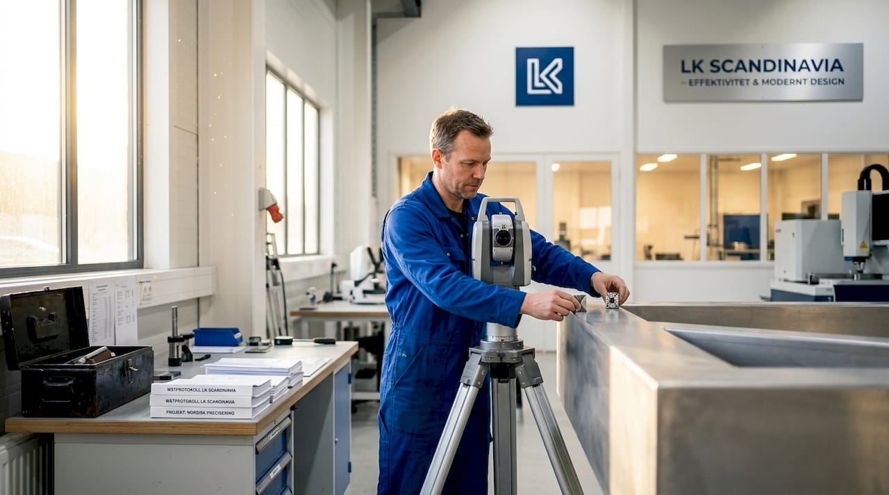 En tekniker gör lasertrackern redo för användning ute i verkstaden.