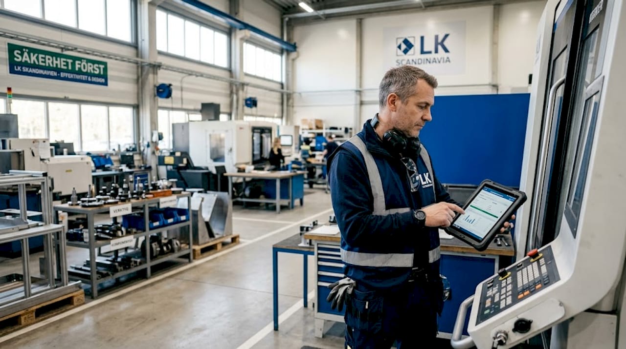 En produktionstekniker går igenom fabriken och granskar produktionslinjen med hjälp av en surfplatta.