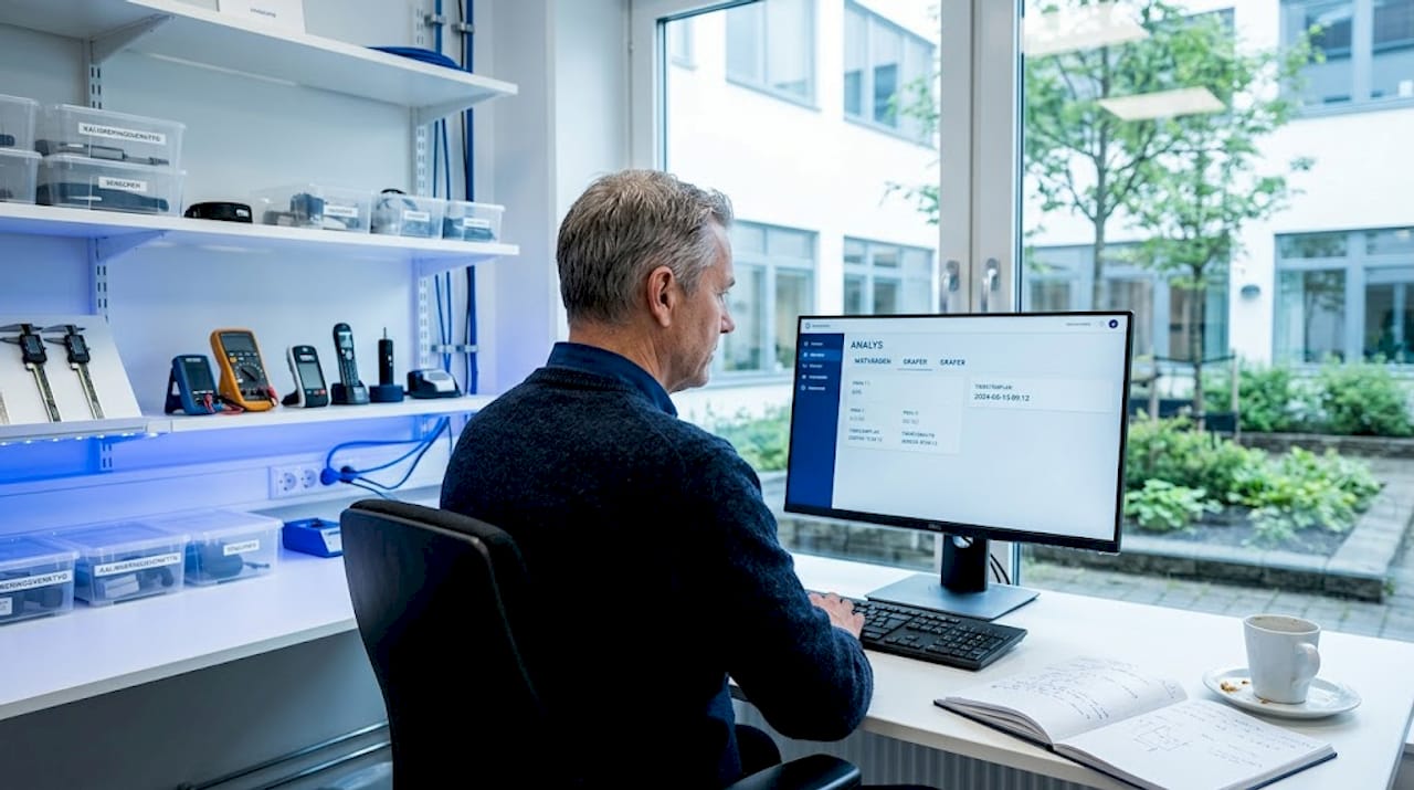 I kontrollrummet övervakar personalen fabriken genom att följa upp mätvärden och data i realtid.
