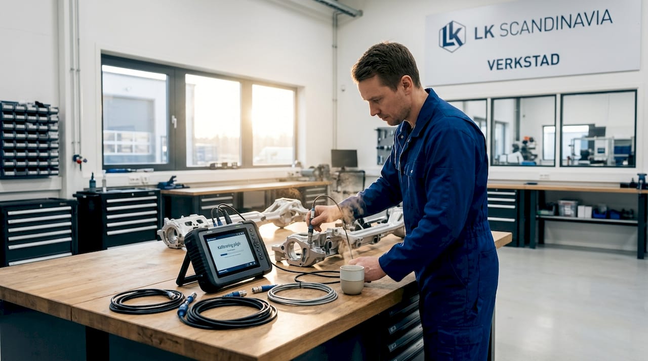 En tekniker justerar och ställer in mätsystemet vid arbetet med bilens kaross.