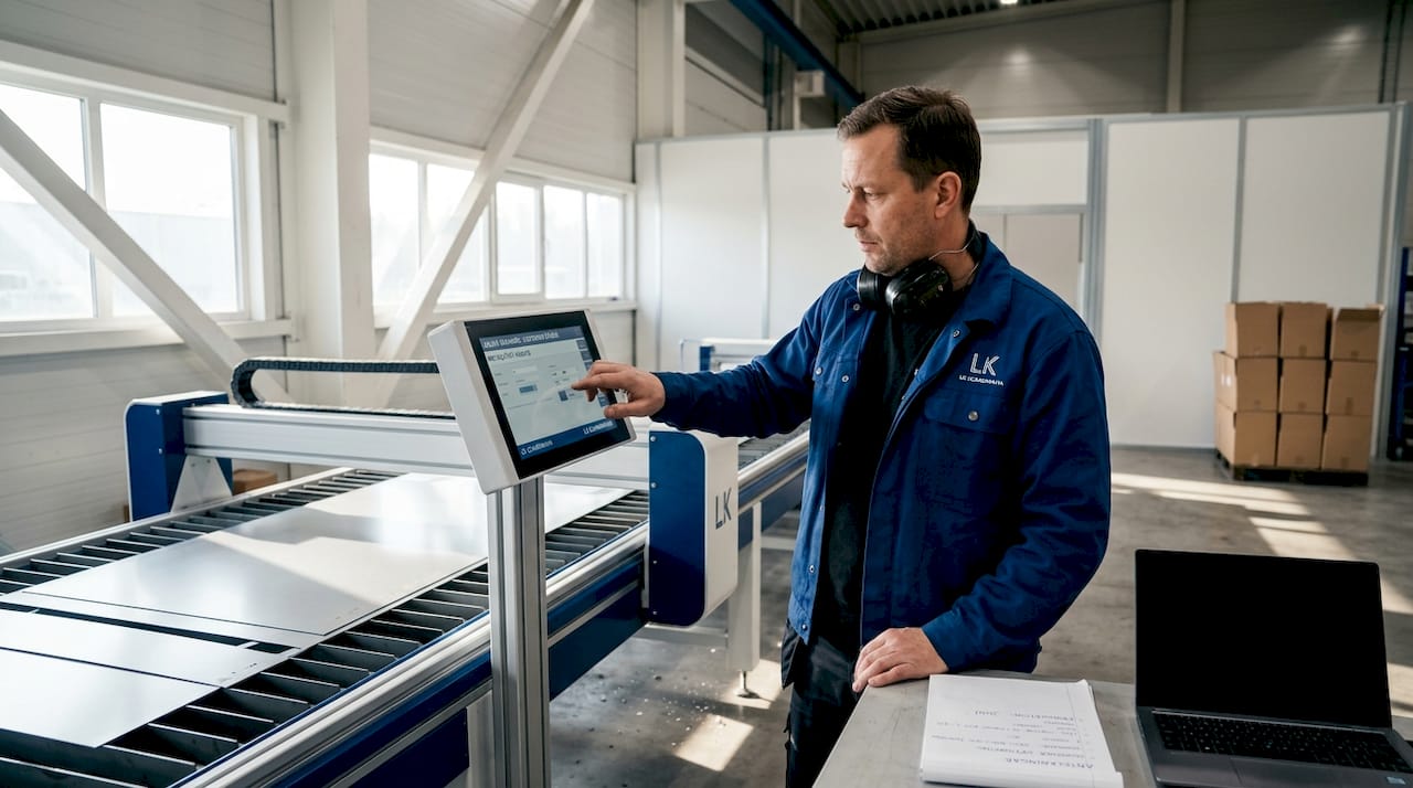 En medarbetare håller koll på den optiska scannern vid löpande bandet i fabriken.