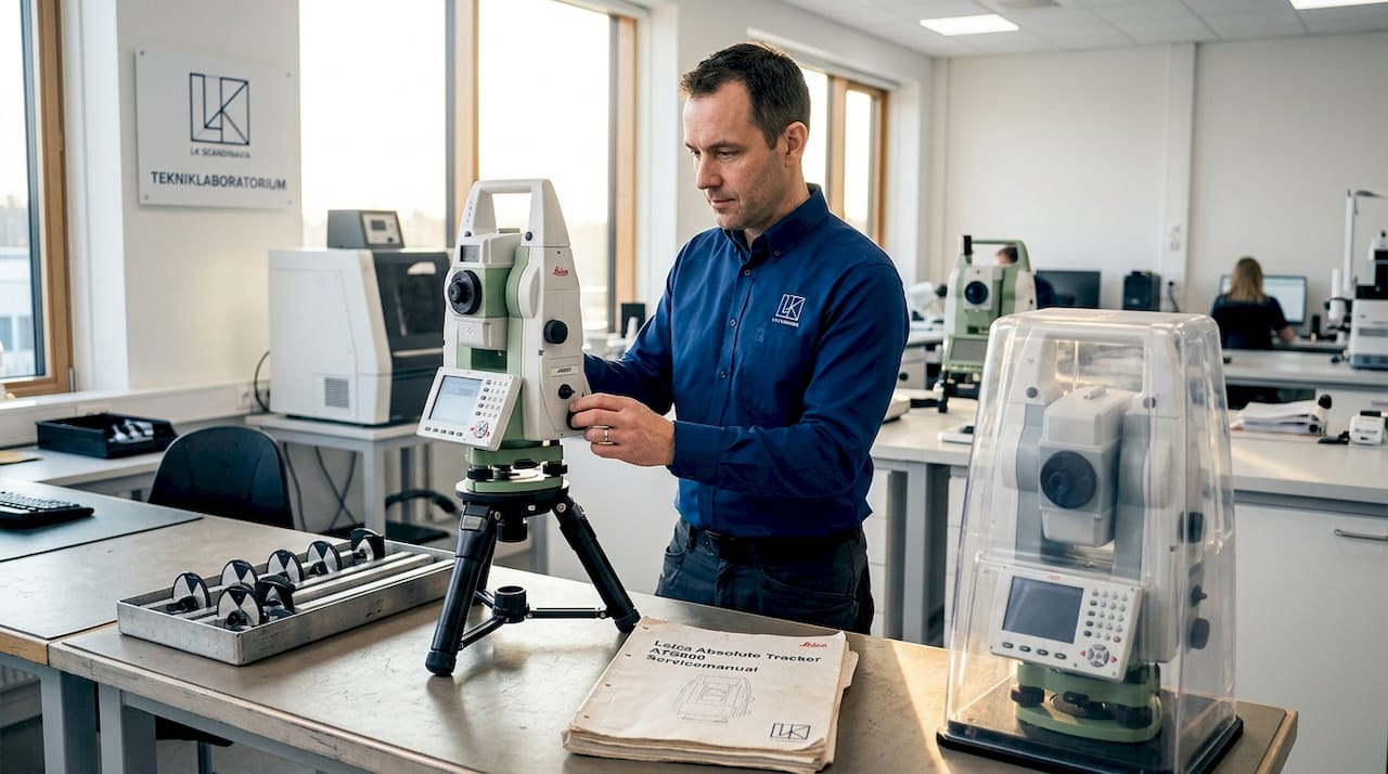 En ingenjör justerar och ställer in en Leica lasertracker i laboratoriet.