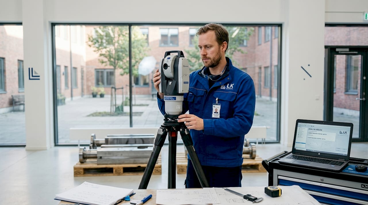 En tekniker finjusterar lasertrackern ute på fabriken.
