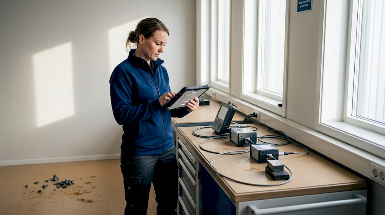 En tekniker går igenom mätutrustningen på fabriken för att säkerställa att allt fungerar som det ska.