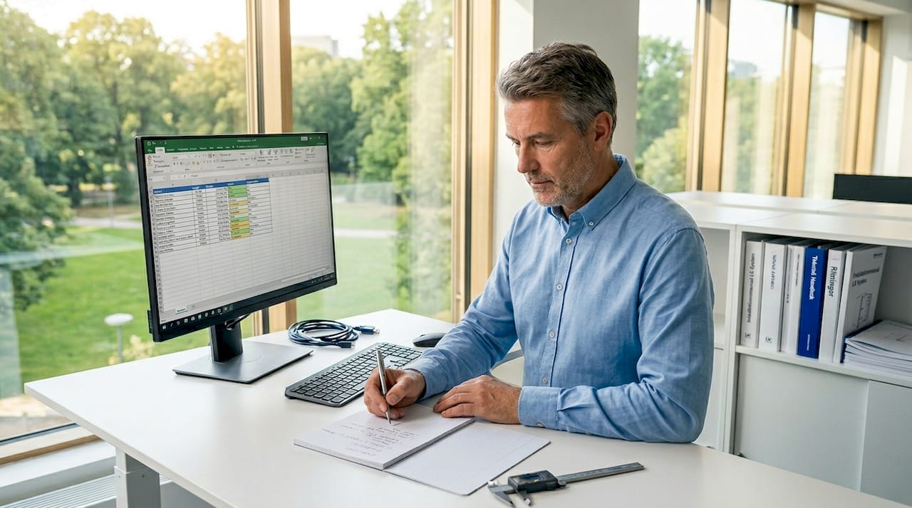 En projektledare sitter vid sitt skrivbord och går igenom mätresultaten.