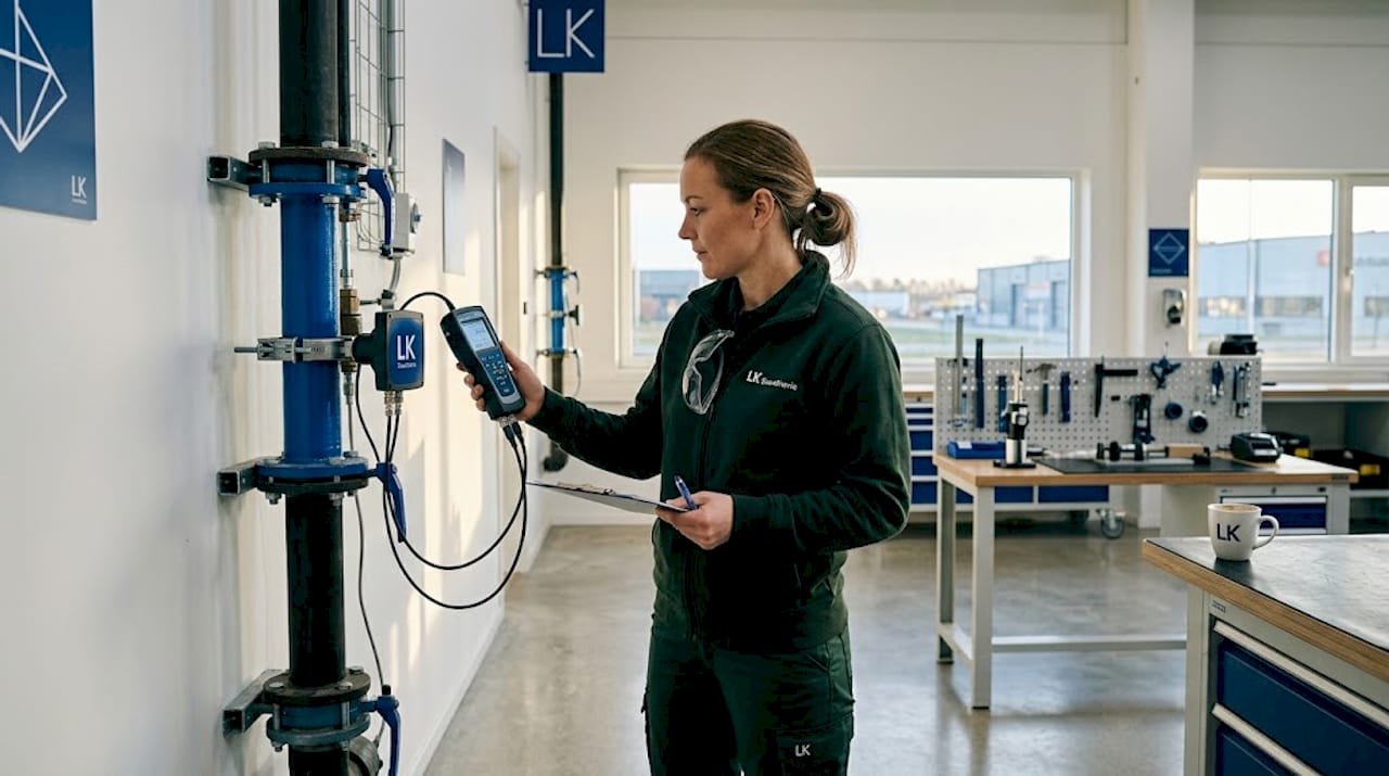 En tekniker registrerar och analyserar mätvärden från industrimaskiner ute i verkstaden.