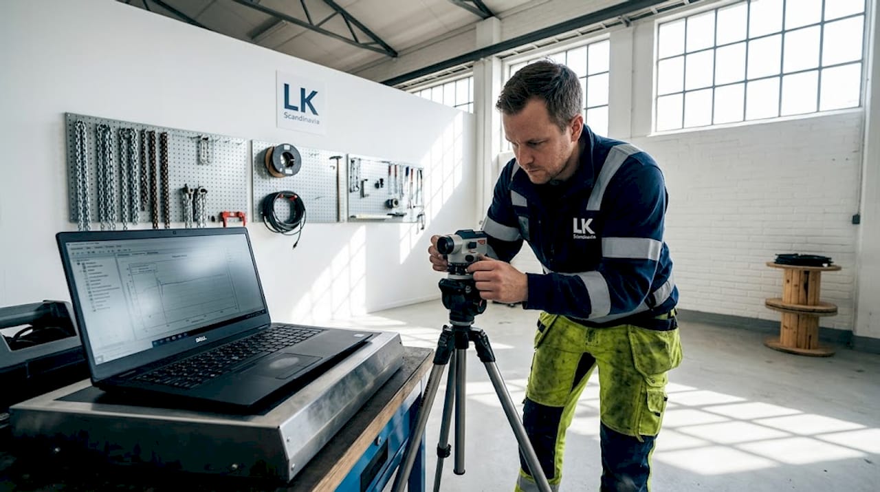 En tekniker använder en industriell laser för mätning inne i verkstadslokalen.
