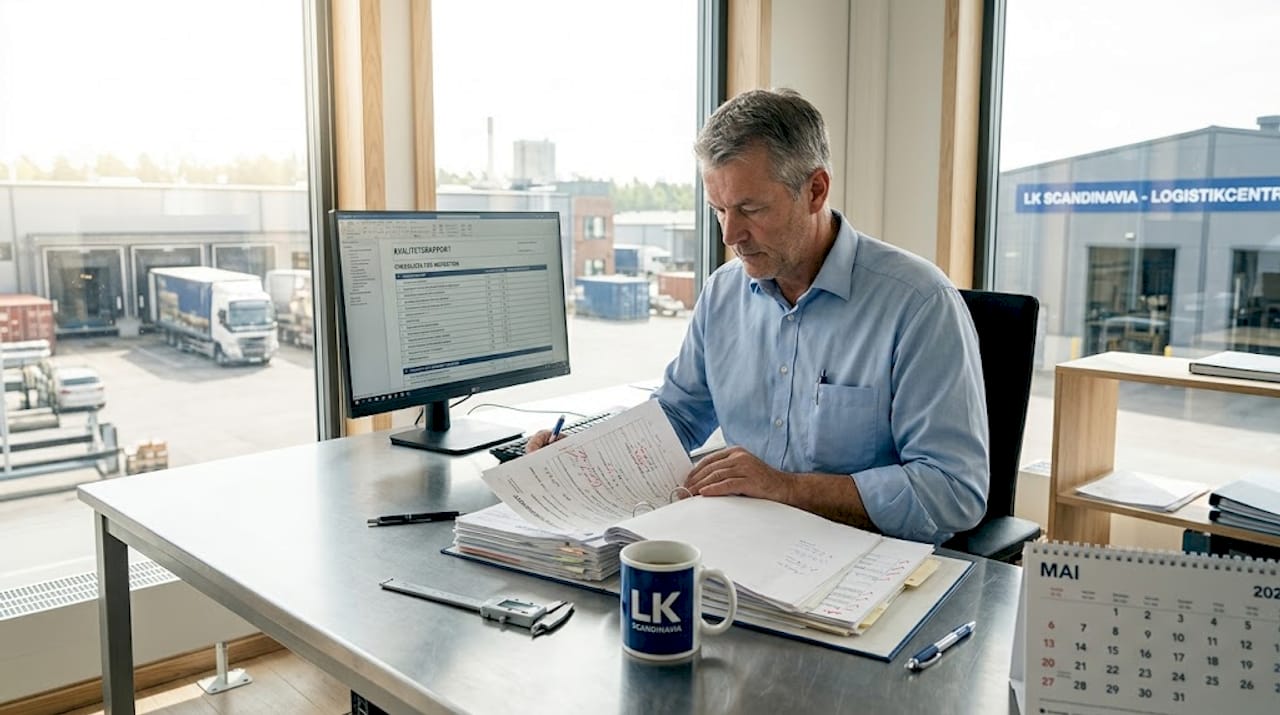 En chef går igenom besiktningsprotokollet på kontoret.
