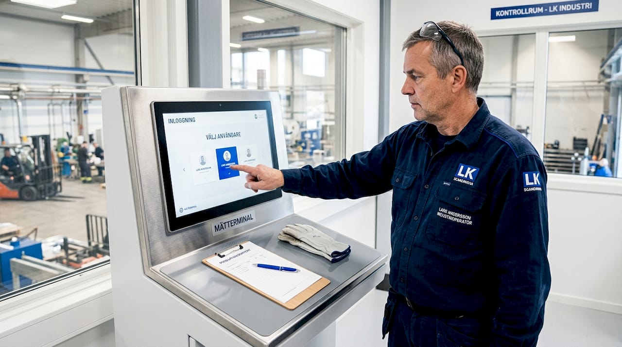 En industriarbetare registrerar sin närvaro vid en terminal på fabriken.