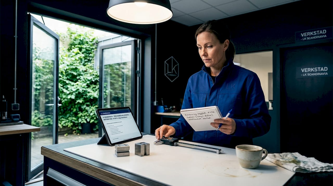 En kvinna arbetar med kalibrering i verkstaden och för noggranna anteckningar.