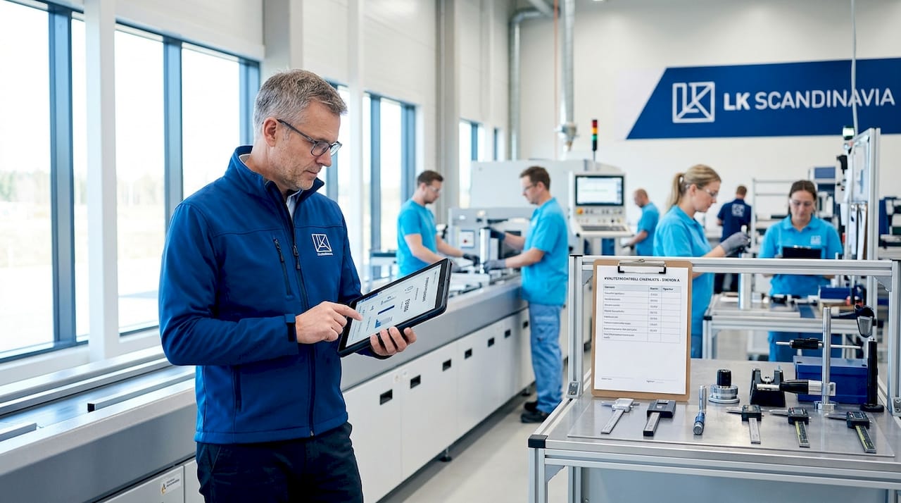 Teamledaren för kvalitetskontroll går igenom produktionslinjen och ser till att allt håller hög standard.
