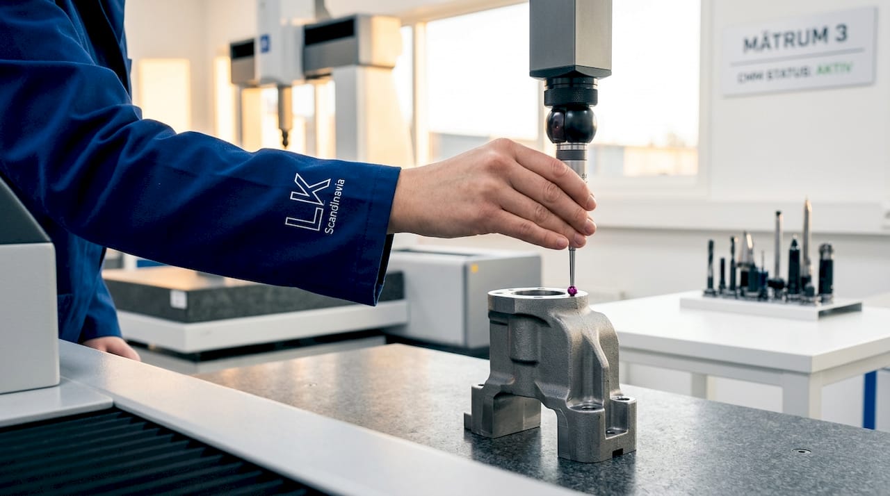 En hand som för en mätsond över en metallkomponent