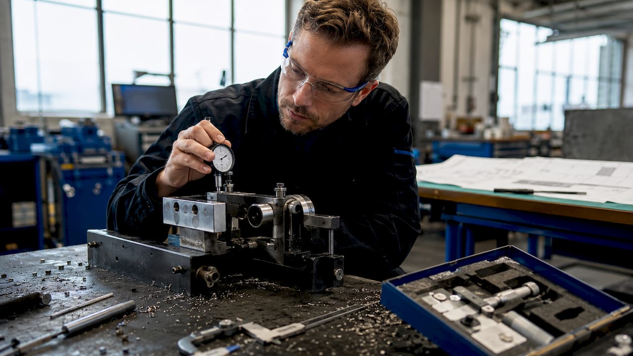 En ingenjör granskar en mätutrustning i industrimiljö.