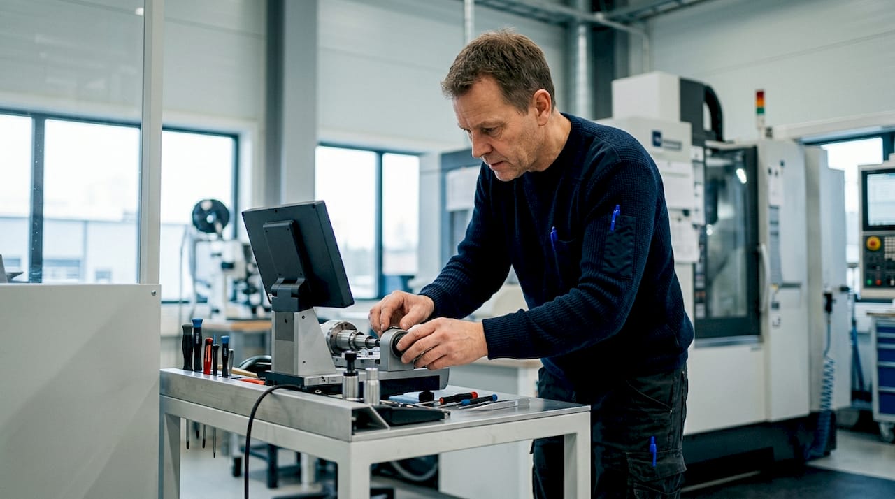 En tekniker finjusterar mätutrustningen på fabriken.