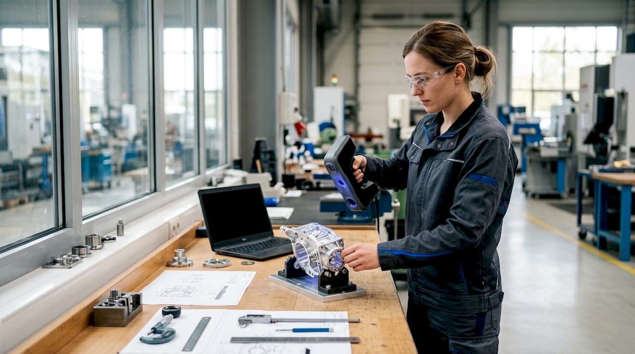 En ingenjör skannar en metallkomponent med hjälp av 3D-teknik.