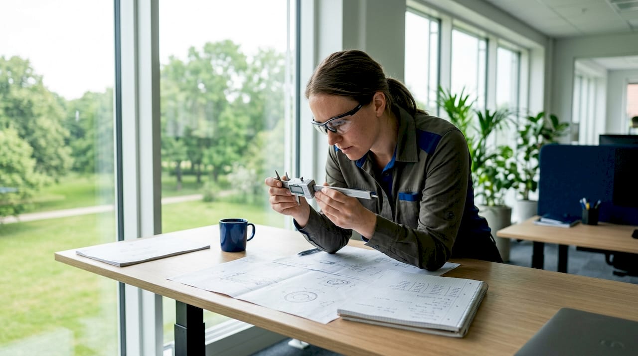 En ingenjör undersöker ett avancerat mätinstrument på labbet.