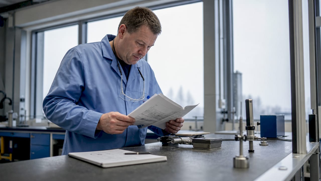En tekniker går igenom manualen för mätmetoder på industrigolvet.
