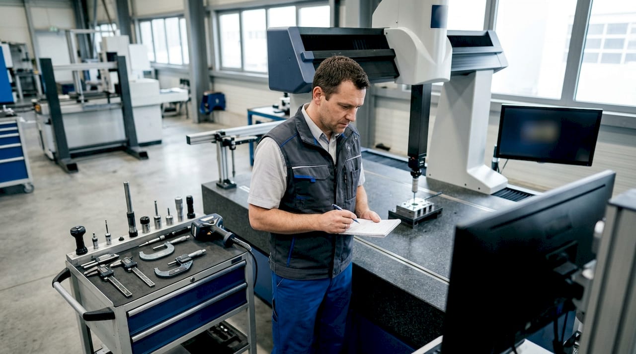 En tekniker genomför mätningar på industrimaskinen.