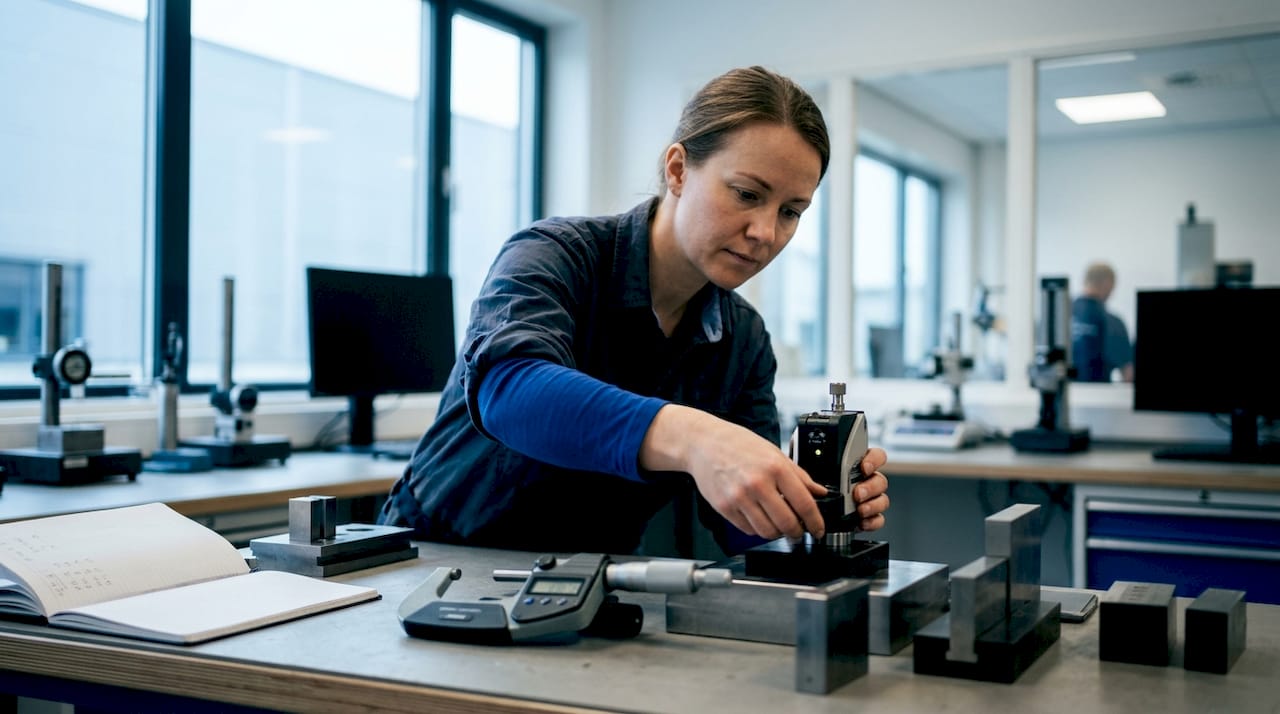 En ingenjör justerar och kontrollerar lasertrackern i laboratoriet.