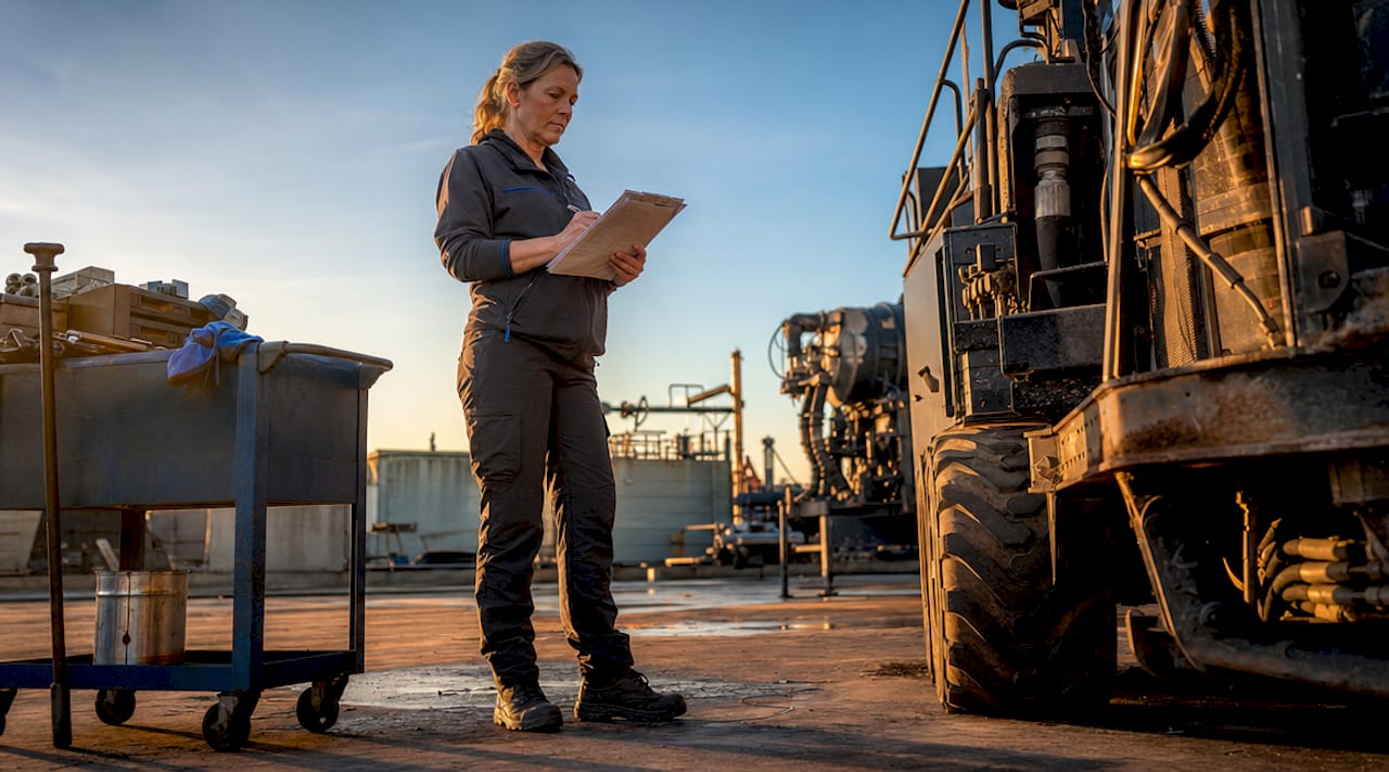 Ett par händer bläddrar igenom serviceprotokoll inne på ett industrikontor.