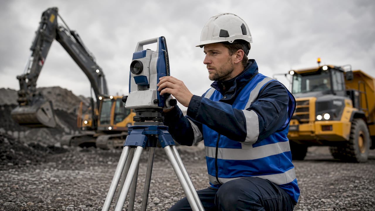 Detaljbild av tekniker som finjusterar en totalstation