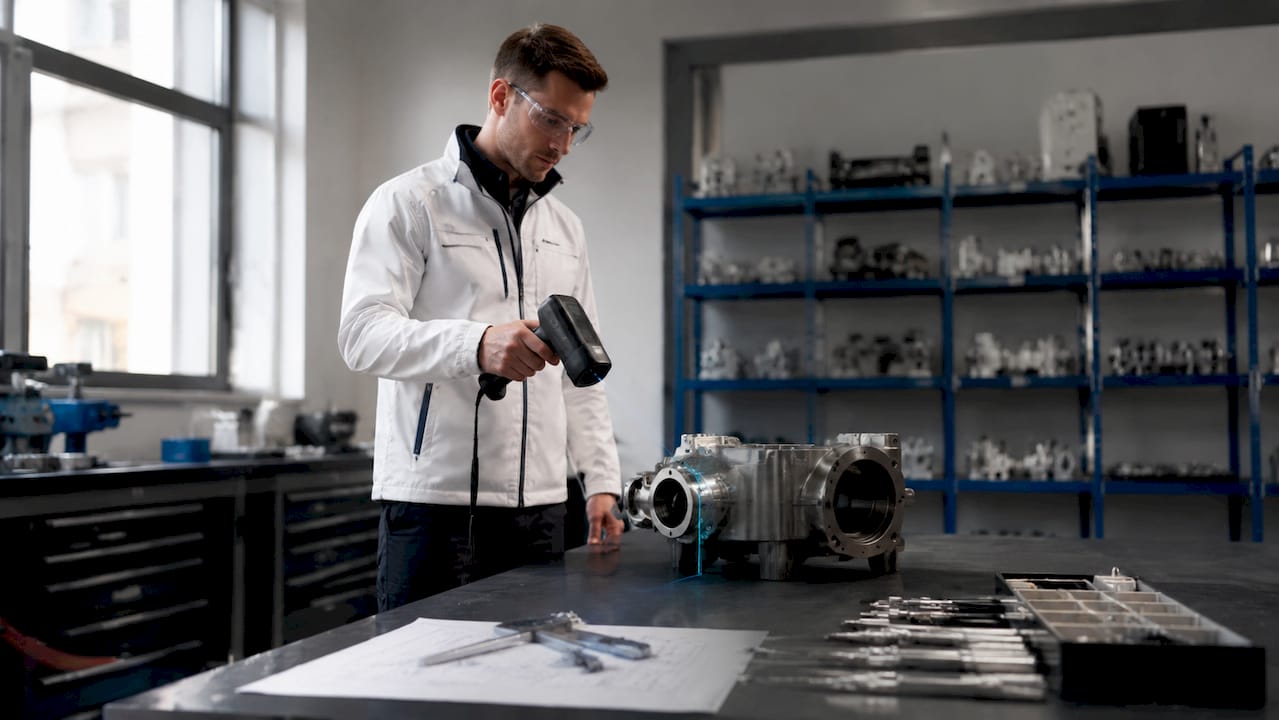 En ingenjör arbetar med en laserskanner i fabriken.