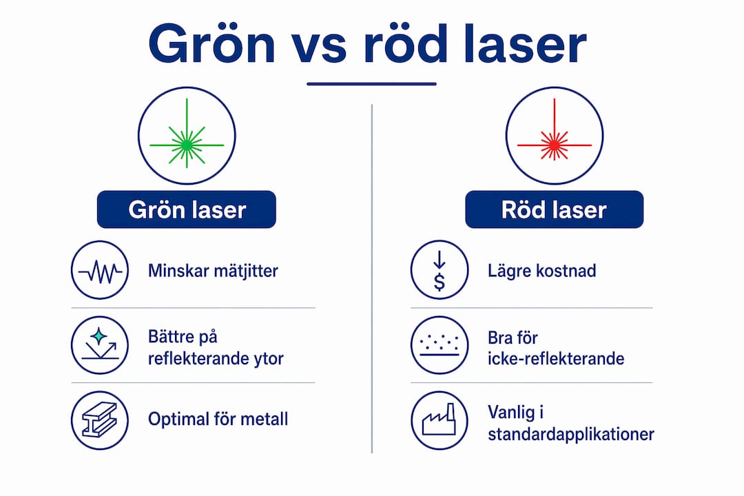 En infograf visar skillnaderna mellan grön och röd laser inom industrin – vilka egenskaper de har och hur de används.