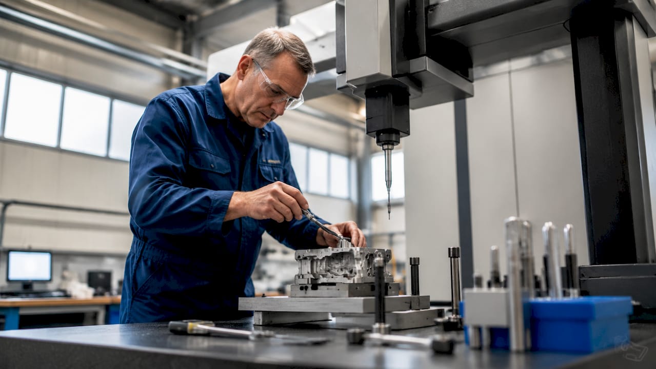 En tekniker granskar en metallkomponent med hjälp av en mätmaskin ute på fabriken.