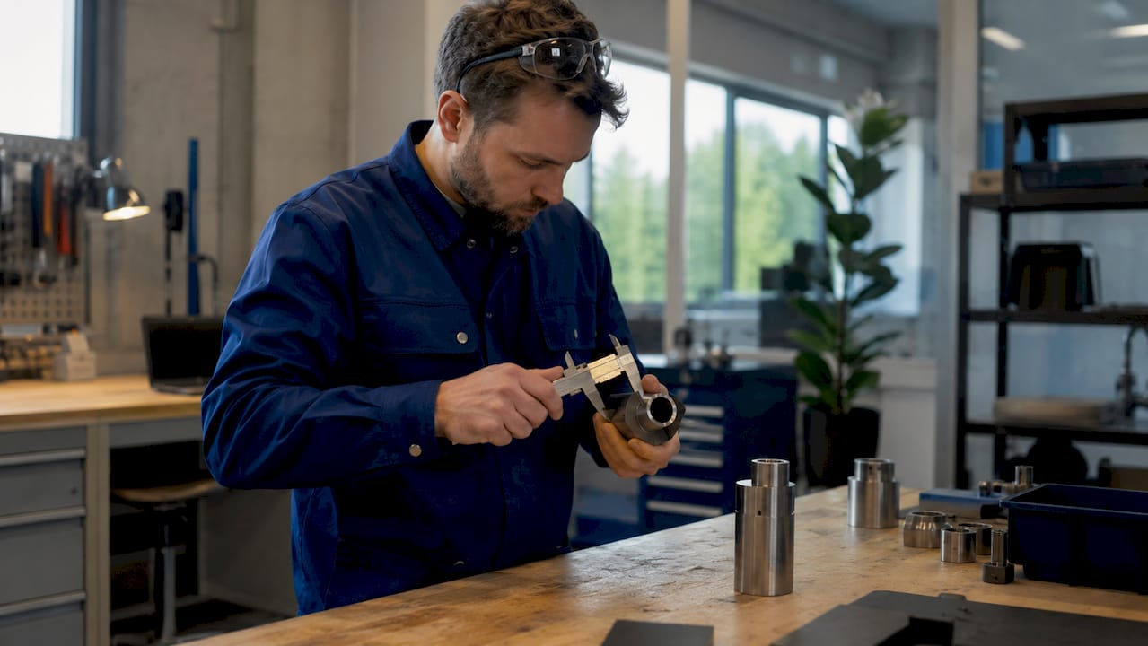 I verkstaden kontrollerar man måtten på en metallbit med hjälp av ett skjutmått.