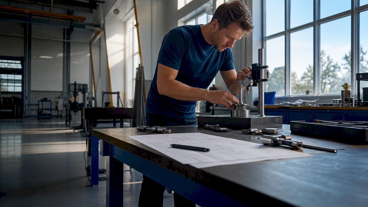 En ingenjör kontrollerar en komponent ute i fabriken.