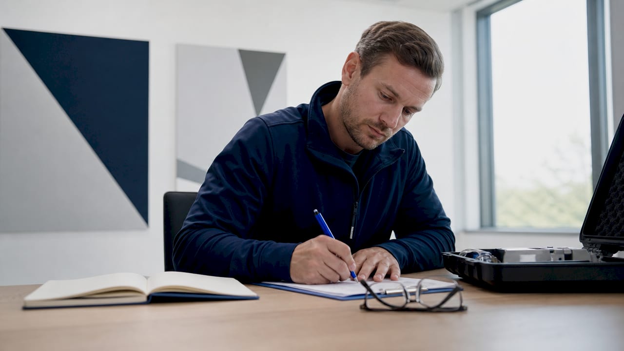 Ett par händer fyller i uppgifter på ett mätprotokoll.
