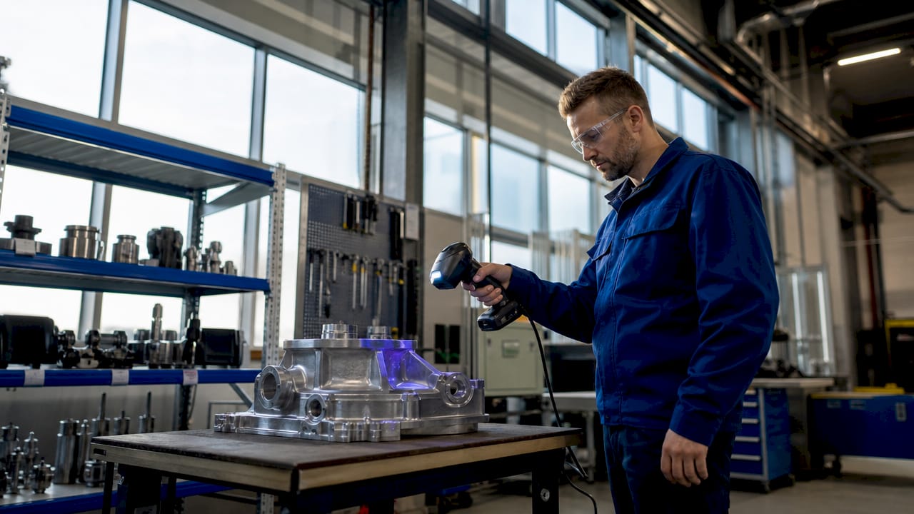 En ingenjör övervakar och styr en stationär laserskanner på fabriken.