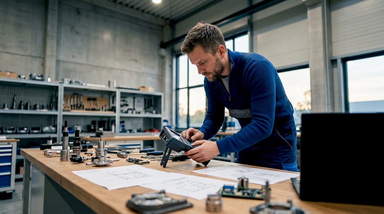 En tekniker granskar mätutrustning vid en arbetsbänk i industrimiljö.