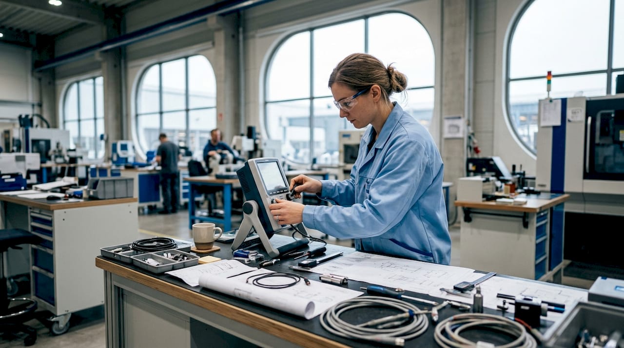 En ingenjör som övervakar och styr produktionen vid en kontrollpanel i fabriken.