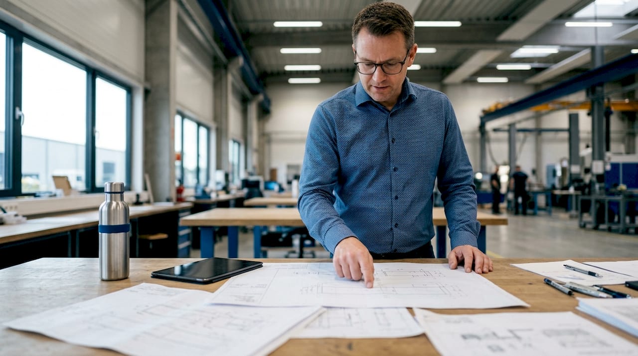 Projektledaren går igenom mått och ritningar tillsammans med teamet inne i mötesrummet.