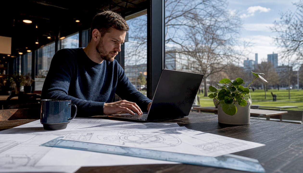 En ingenjör granskar utskrifter med jämförelser av olika CAD-program